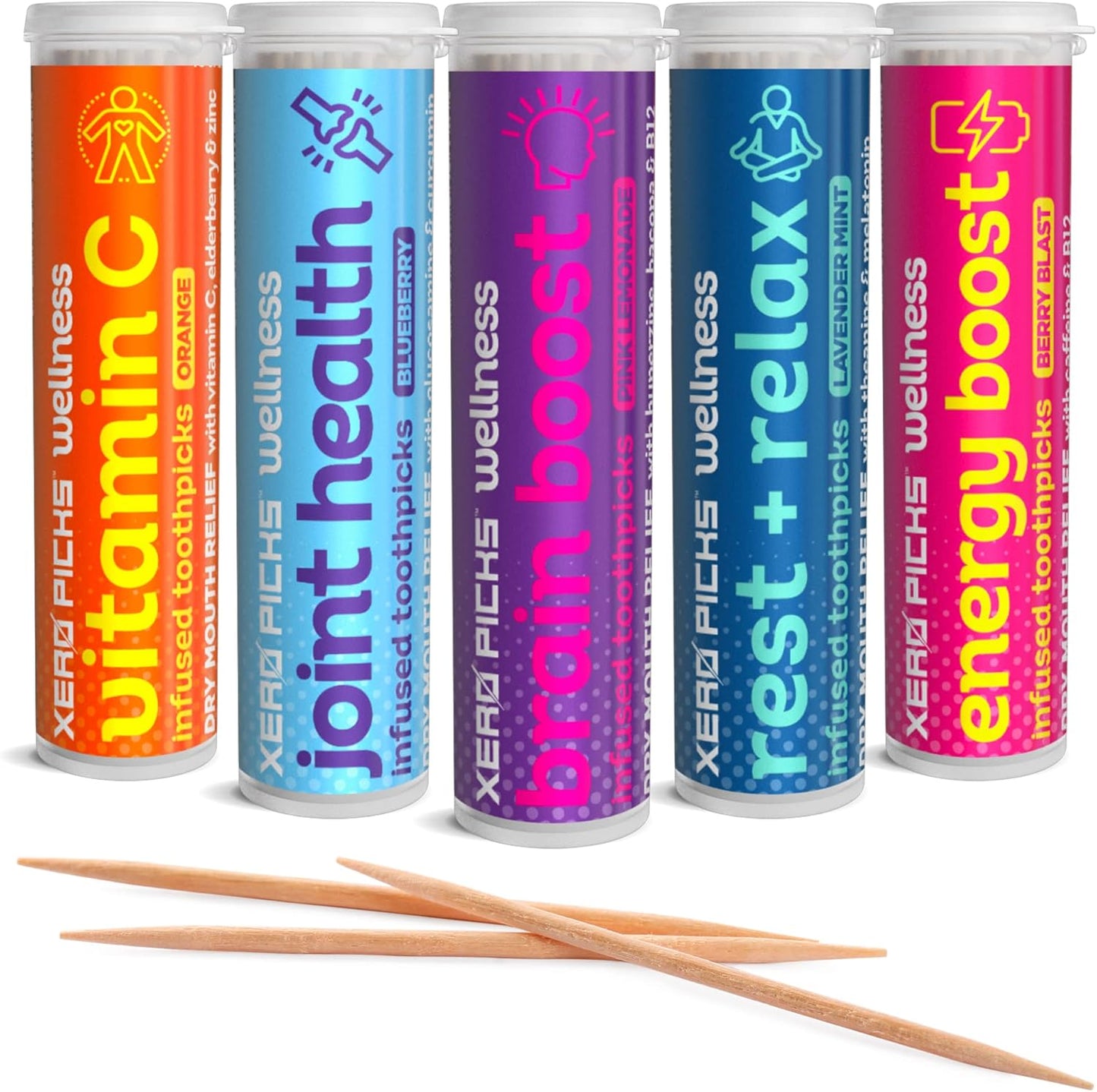 Xero Picks Wellness Toothpicks - Brain Boost & Immunity Support | 100 Sugar-Free Picks (5 Flavor Variety)