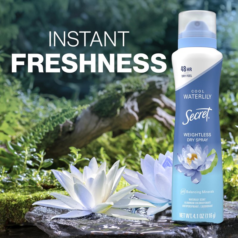 Secret Dry Spray Antiperspirant Deodorant for Women, 48hr Weightless Sweat & Odor Protection, Gentle on Skin, Waterlily & Argan Oil Scent, 4.1 oz (Pack of 3)