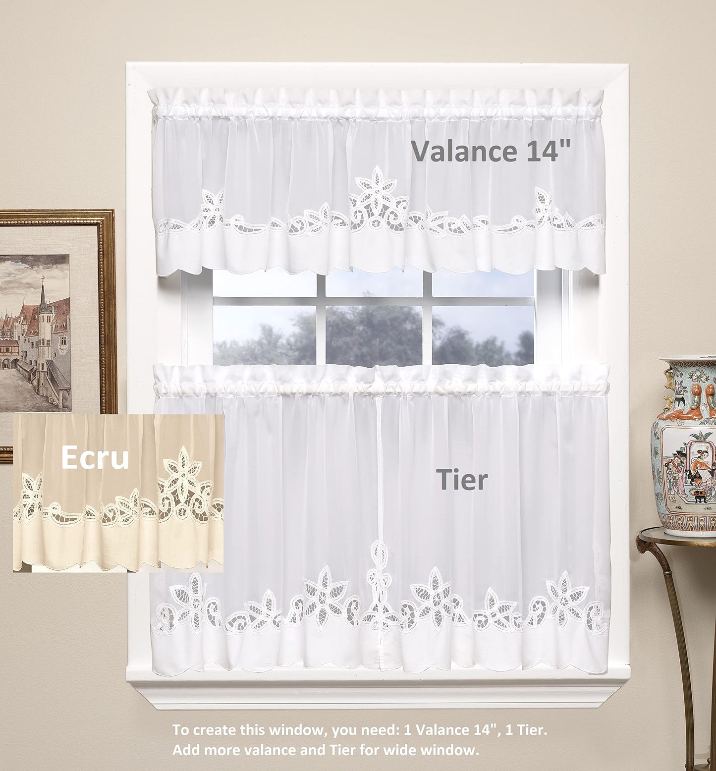 Today's Curtain Plymouth Classic Battenburg Applique Sheer Window Tier, 30-Inch, Ecru