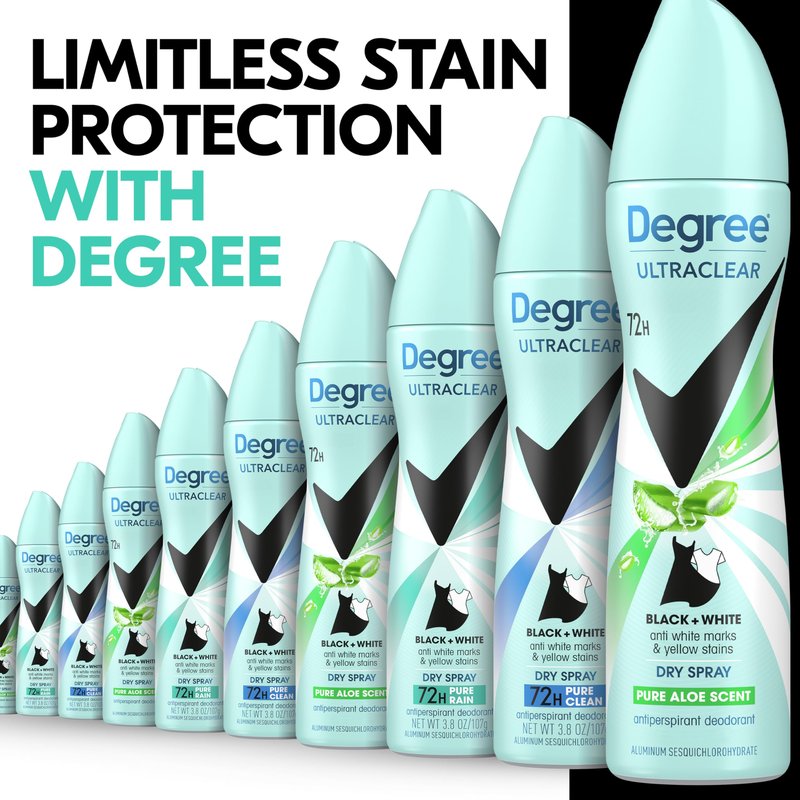 Degree UltraClear Antiperspirant Deodorant Dry Spray 4 pack for 72h Nonstop Sweat Protection For Women Pure Aloe Scent Anti White Marks And Yellow Stains 3.8 Oz