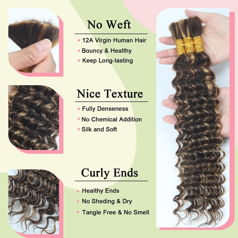 Boho Braids Human Hair for Braiding 110g 22 Inch 12A Deep Water Wave Bulk Human Braiding Hair for Boho Braids Knotless Highligts Wet and Wavy Virgin Extensions Bohemian No Weft Curly 3 Bundles P4/30