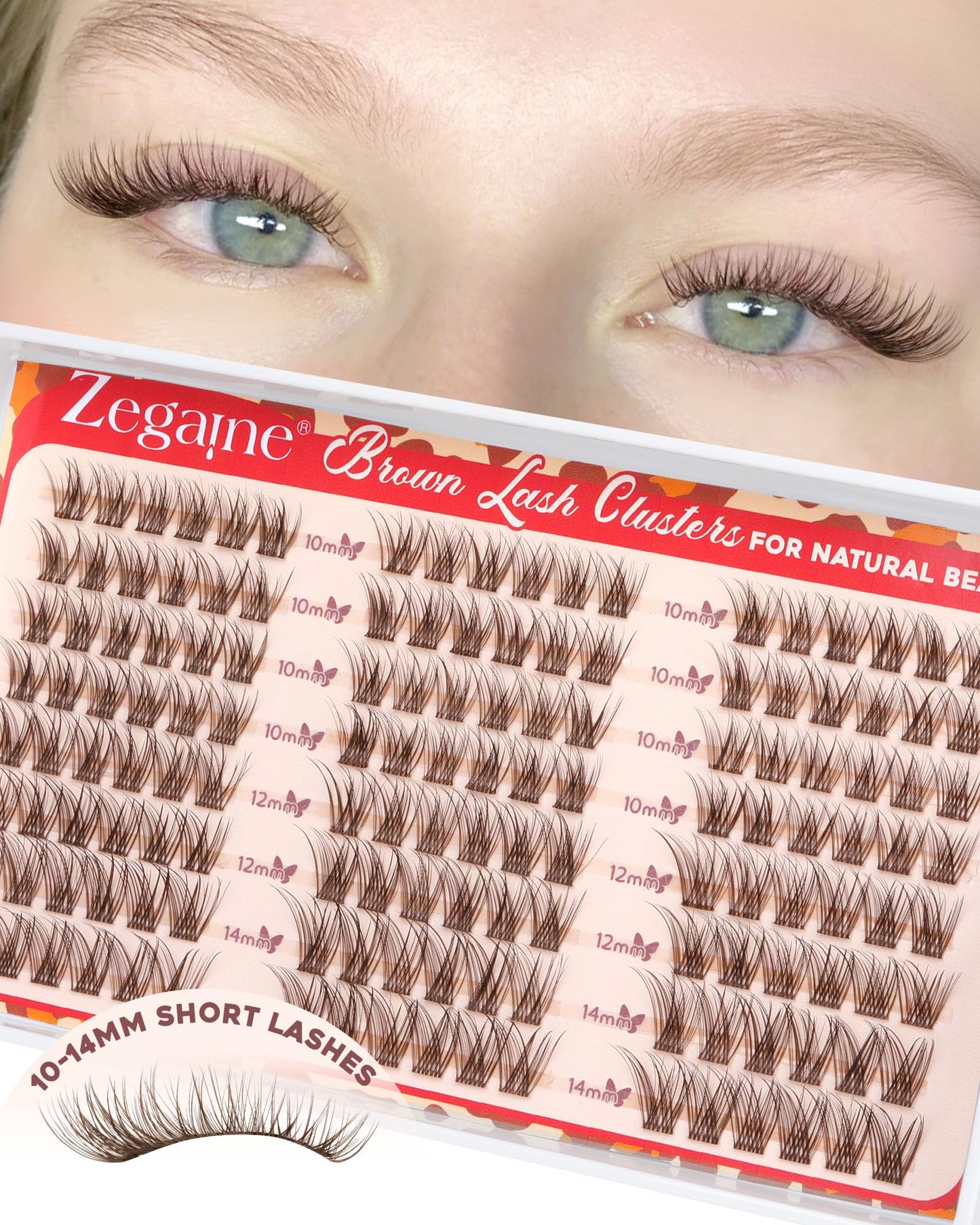 Short Brown Lash Clusters 10-12-14MM Clear Band Wispy Eyelash Clusters Natural Cluster Eyelash Extensions D-Curly Short Lashes Clusters Brown Wispy Cluster Lashes Natural Look 144Pcs by Zegaine