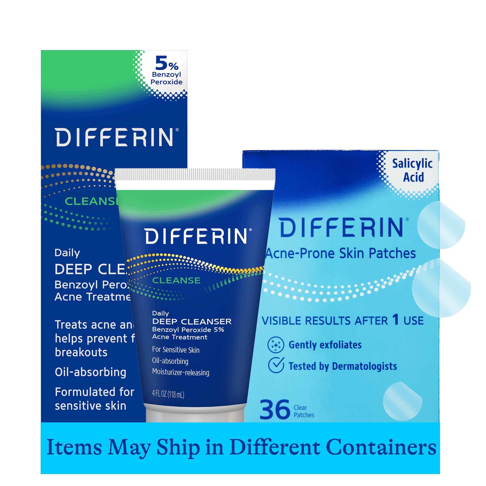 Differin 5% Benzoyl Peroxide Cleanser and Patch Set: 36 Power Patches, 18 large and 18 small pimple patches for acne-prone skin and Daily Deep Cleanser with 5% Benzoyl Peroxide, Mother's Day Gifts