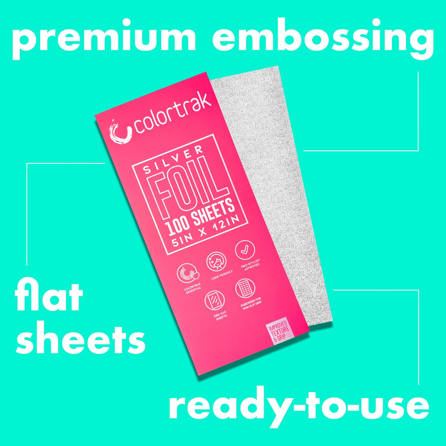 Colortrak Embossed Hair Coloring Foil Sheets, Professional, Convenient 5 x 12 inch Long Pre-cut Sheets, Easy to Grab During Processing, Silver, No Separating Tissues Need, 100 Per Box