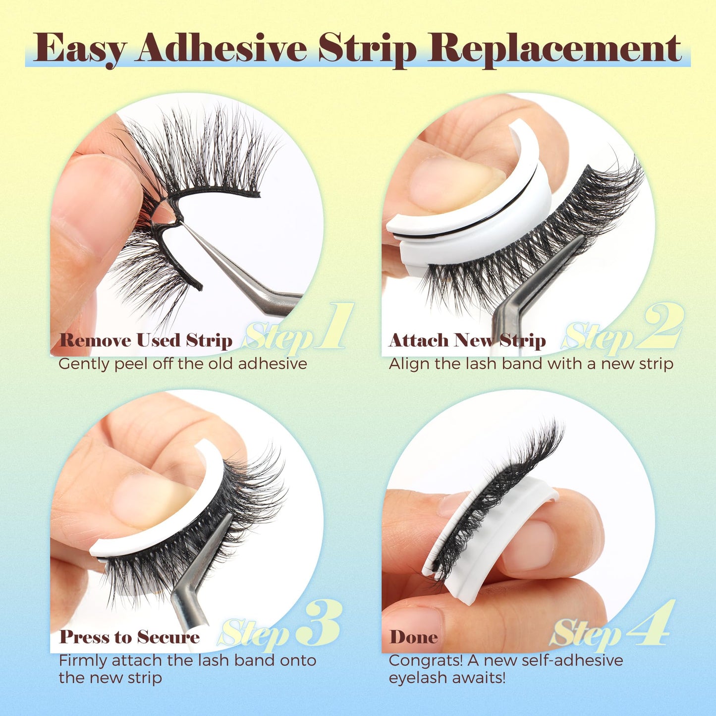 LASHVIEW Self Adhesive Eyelashes, 5 Pairs Natural Look Press On Lashes No Glue Need Eyelashes Reusable Cat Eye Wispy Self-adhesive False Lashes with Replacement Strips & Tweezers (C122)