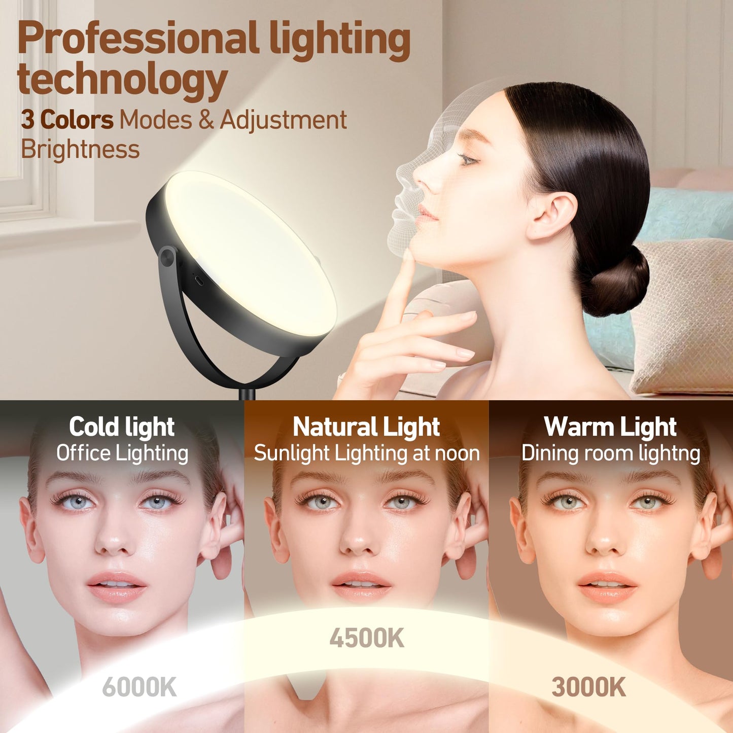 MOMOKUBA Magnifying Mirror with Light 20X, Height-Adjustable Lighted Makeup Mirror with Magnification, Double - Sided Aluminum Alloy LED Mirrors, 3 Lighting Modes Ideal for Bathroom Make-up, Black
