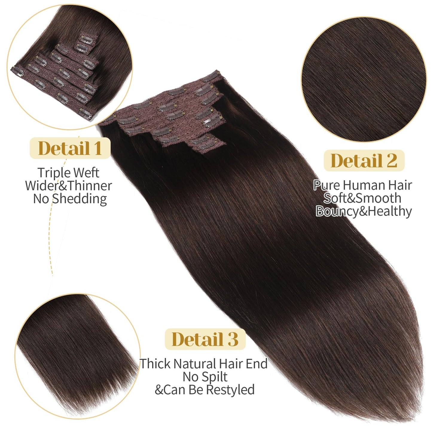Mocona Clip in Hair Extensions Real Human Hair, Dark Brown – 16 Inch 7pcs 70g/Pack, Soft Hair Extensions Real Human Hair Clip ins Straight Suitable for all Hair Types (#2 16 Inch)