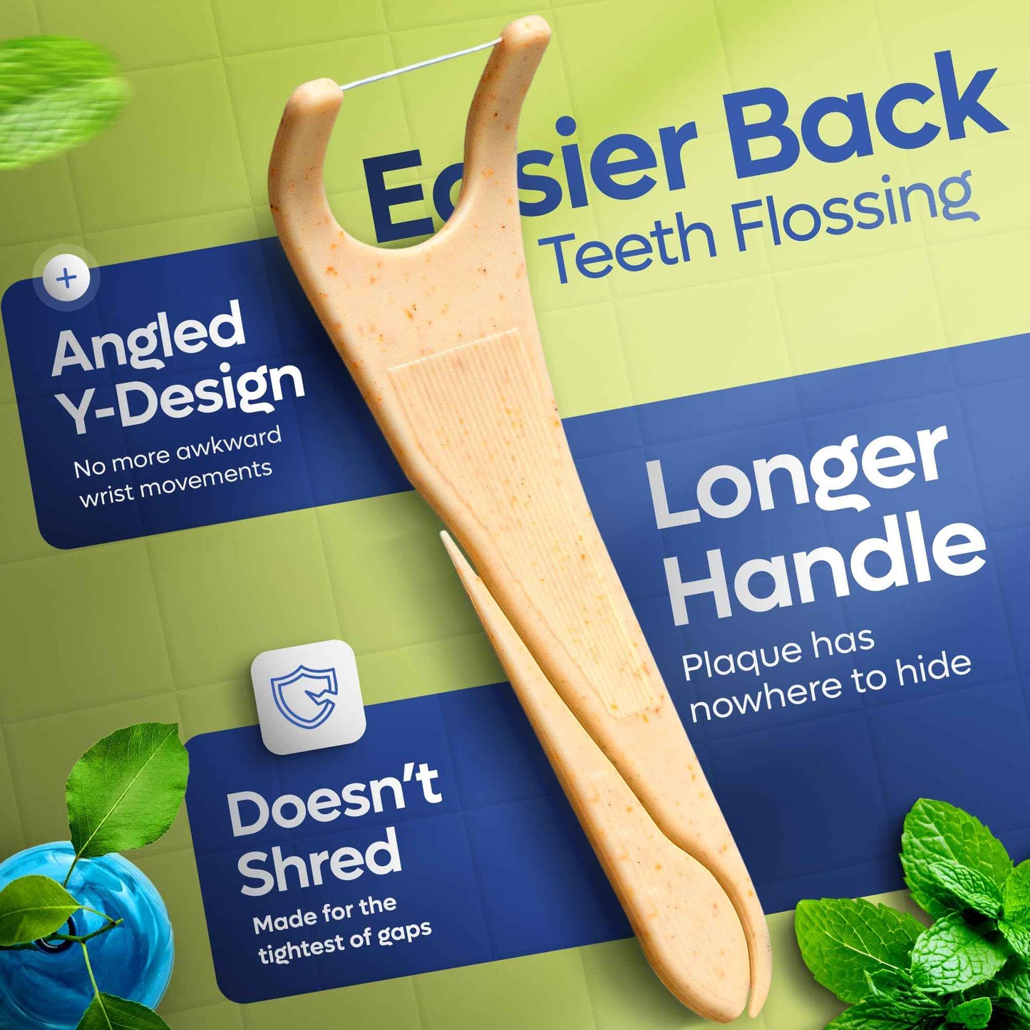 SmartLifeco Eco-Friendly Angled Dental Floss Picks (200ct) - Made with Straw Wheat Blend, Superior Anti-Shred Thread for Molars & Back Teeth, Tooth Pick Stick for Adults, Soft on Gums, Vegan, Mint