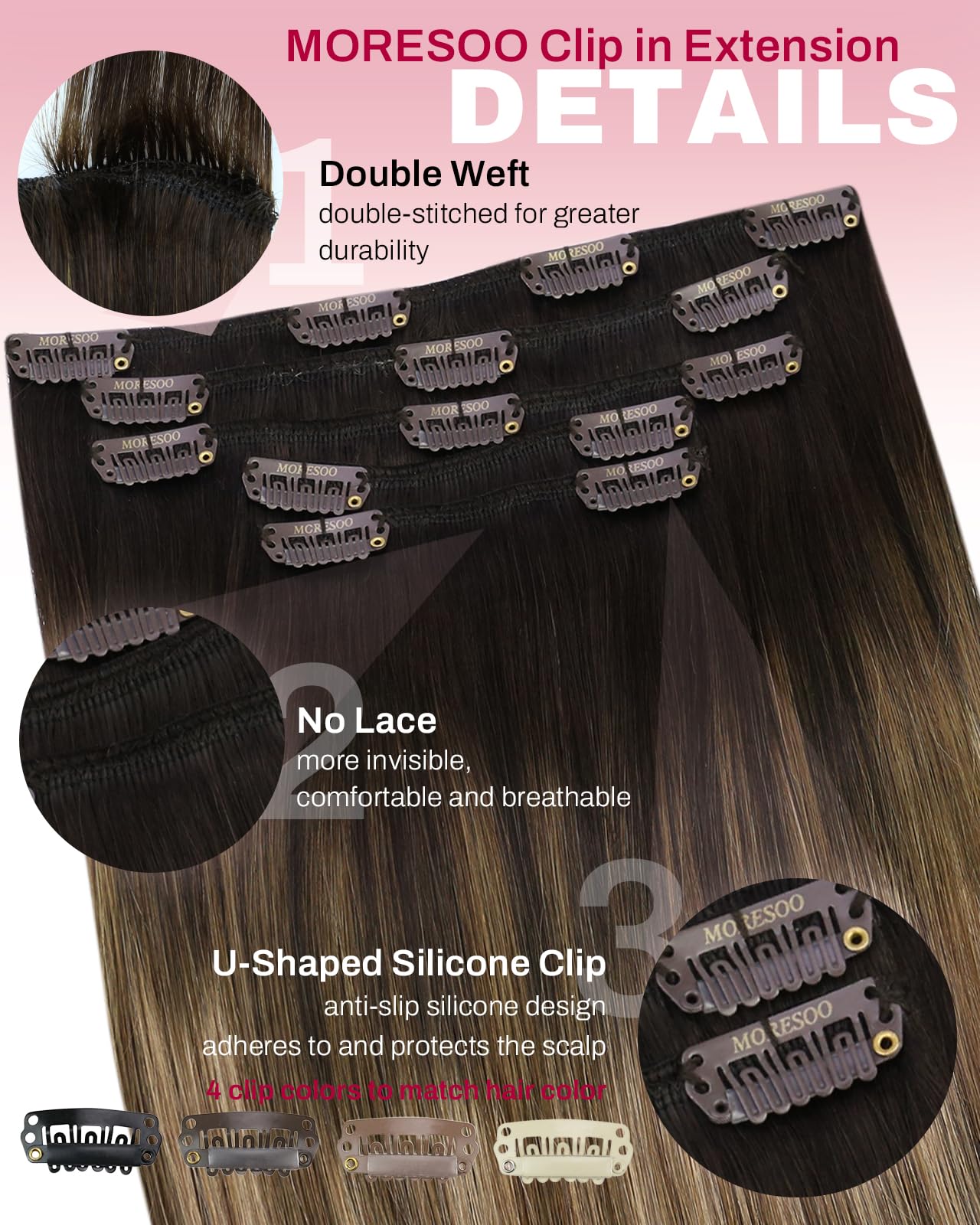 Moresoo Clip in Hair Extensions Ombre Dark Brown to Dark Ash Blonde with Blonde Balayage Hair Extensions Clip in Human Hair Double Weft 5pcs/80g 16inch
