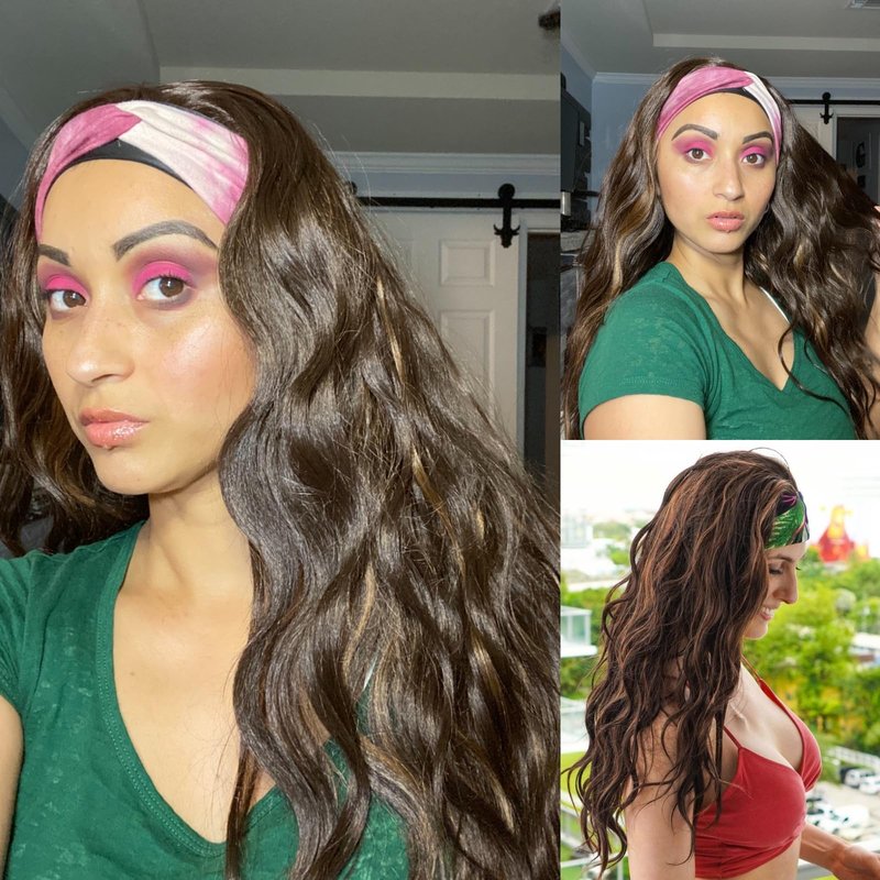 SAPPHIREWIGS Glueless Headband Wig Loose Body Wavy Synthetic Hair Wigs for Black Women Wave None Lace Front Wigs Mix Brown Color Machine Made Wigs 150% Density 26inch