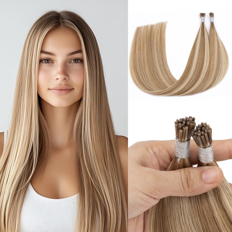 Blonde I Tip Hair Extensions 14inch Camel Brown mix with Blonde I Tip Extensions Human Hair 45g Remy Itip Human Hair Extensions Blond Human Hair Itip Extensions For Girl