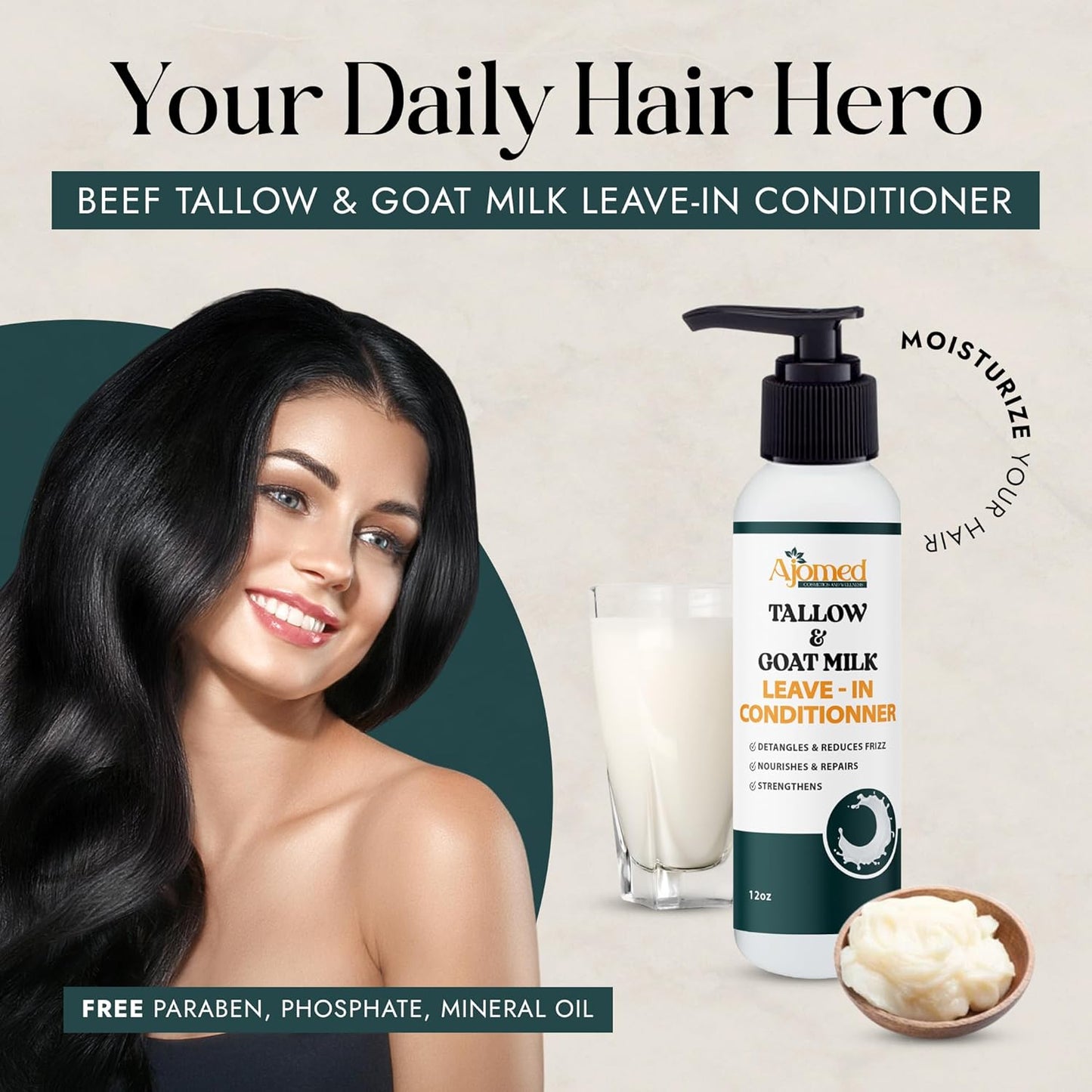 Beef Tallow & Goat Milk Leave-In Conditioner - Handmade Hair Detangler for Anti-Frizz & Dreadlocks | 12 Fl Oz