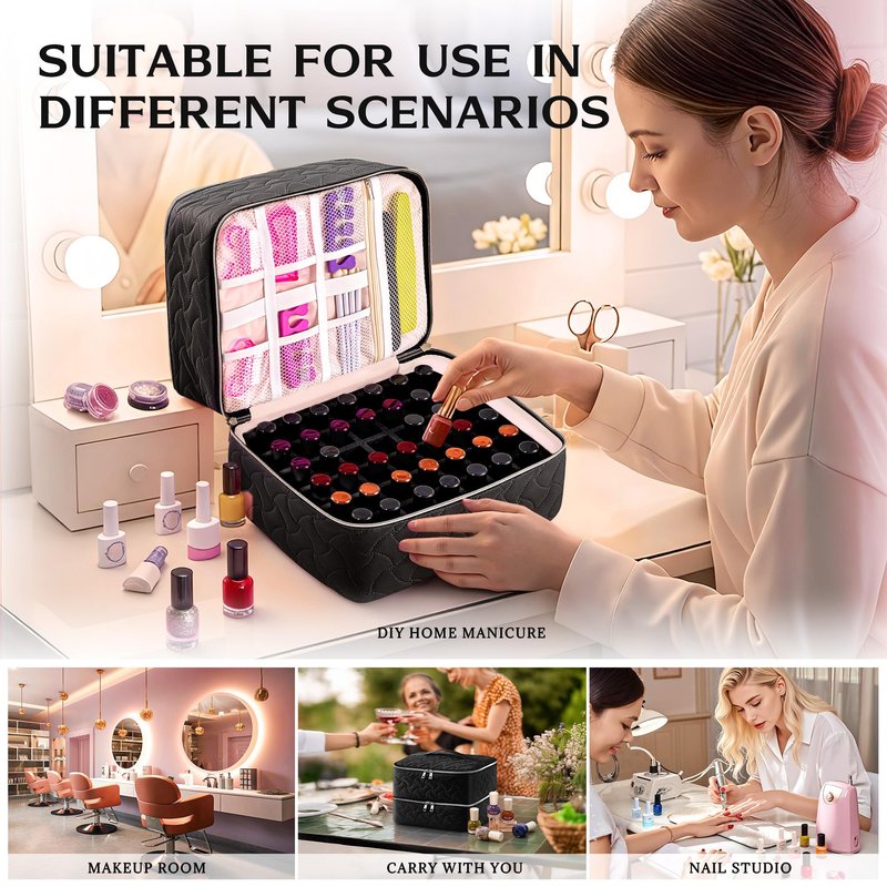 DreamGenius Nail Polish Organizer Case Holds 42 Bottles, Portable Double-Layer Nail Polish Storage Bag with Adjustable Dividers for Manicure Tools, Black