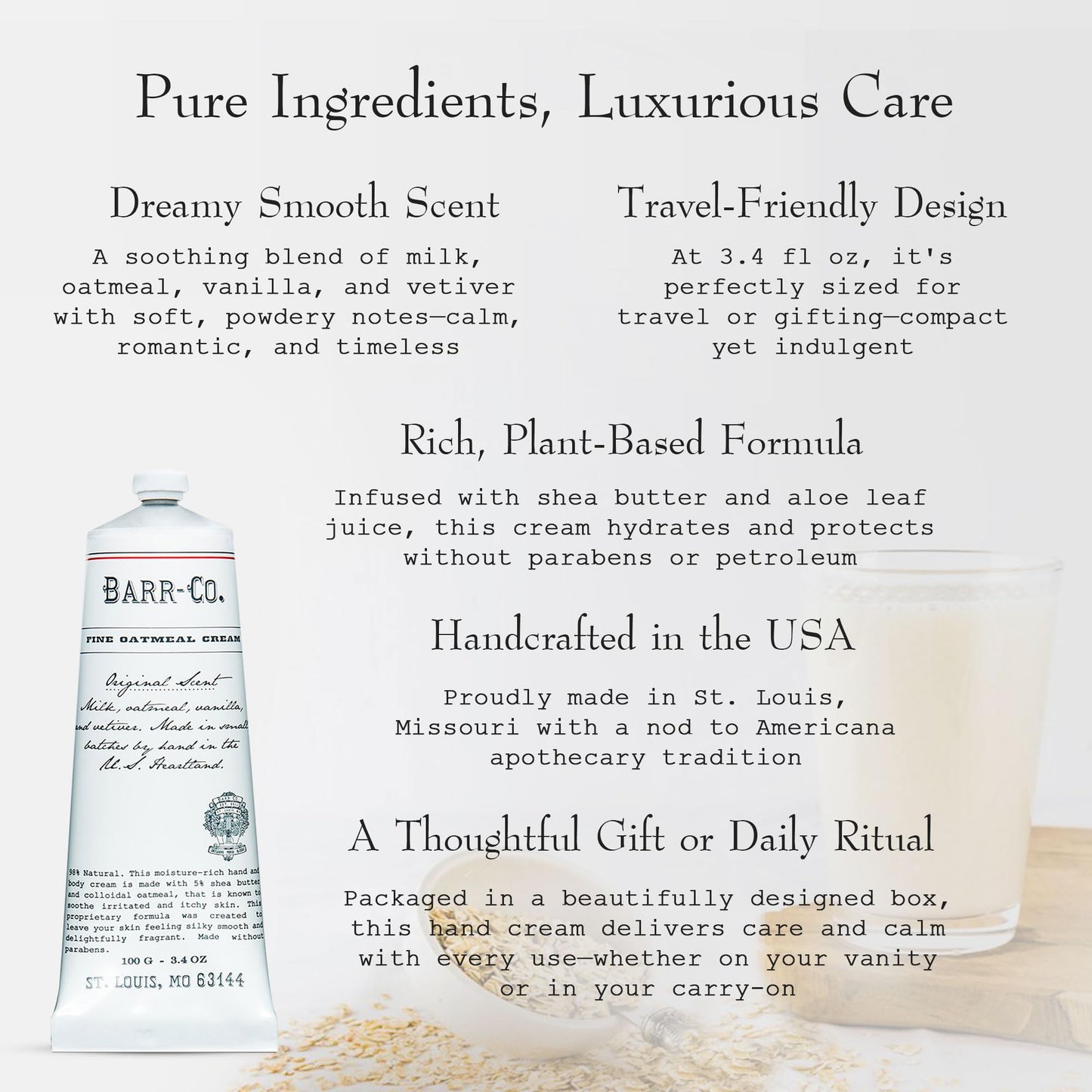 BARR-CO. Original Scent Shea Butter Hand Cream for Women & Men - Tranquil Milky Oat, Vanilla & Vetiver Hand Moisturizer for Dry Cracked & Working Hands - Moisturizing, Smooth Repair Cream, 3.4 fl oz