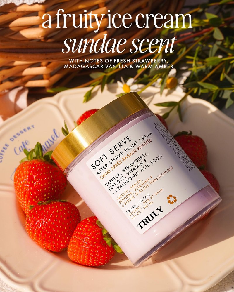 Truly Beauty Soft Serve After Shave Plump Cream | Hydrating & Plumping Cream for Post-Shave Smoothness | With Hyaluronic Acid & Peptides for Firm, Youthful Skin | Strawberry, Vanilla & Amber Scent