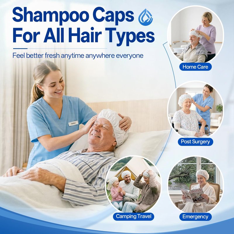 Shampoo Caps No Water Rinse Microwavable | Waterless Rinse Free Shampoo Cap Hair Washing for Bedridden Patients Post-Surgery Elderly Care, Camping | PH Balanced, Portable, Easy to Use-8 Pack