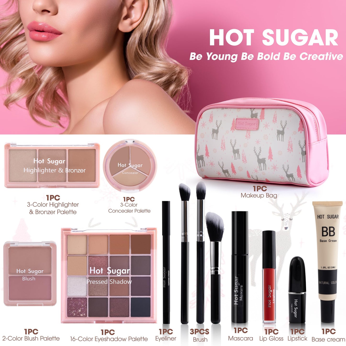 Hot Sugar Travel Makeup Kit All in One, Makeup Kit for Women Full Kit, Makeup Gift Set for Beginners and Professionals with Cosmetic Bag (Pink)