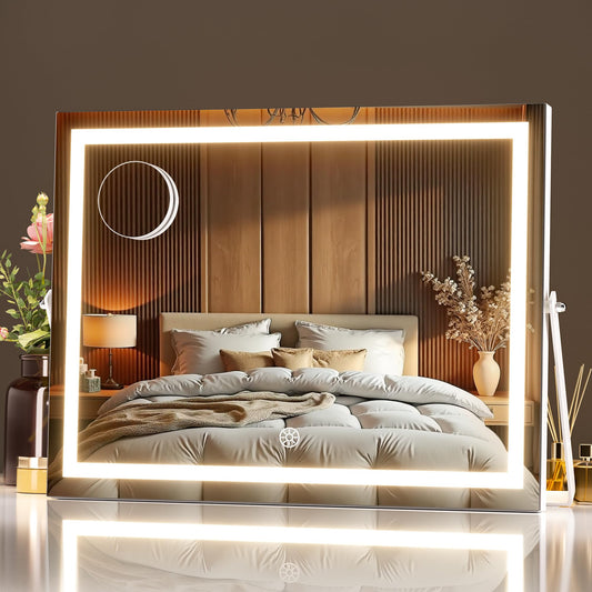 MINISO Vanity Mirror with Lights, 13.8" x 10.6" LED Makeu Mirror, Light & Brightness Adjustment, Smart Sensor, Aluminum Alloy Metal White Frame, with 5X Magnifying Glass