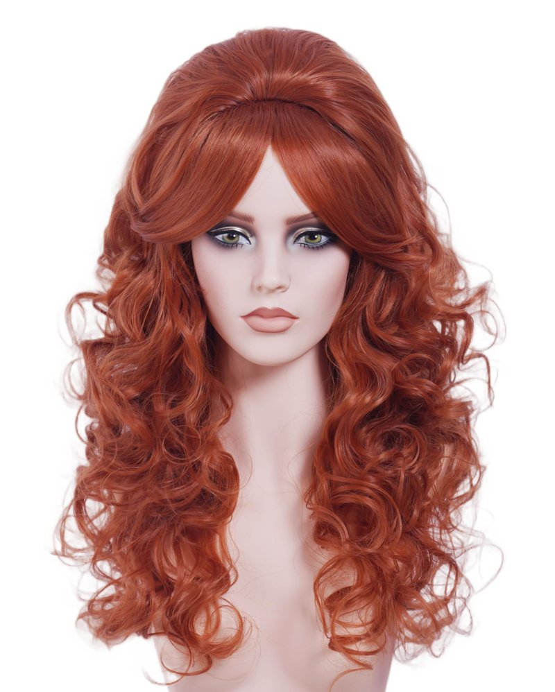 NJJYXH 22 Inches Retro Beehive Ginger Wigs for Women Long Wavy Copper Red Wig with Bangs Synthetic Natural Auburn Wig for 60s 70s 80s Cosplay,Halloween,Daily Use