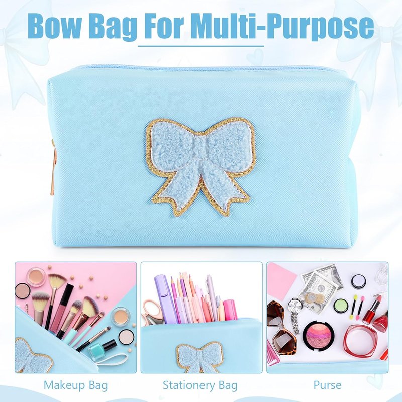 Preppy Bow Makeup Bag Set - 6 Pcs Waterproof PU Leather Travel Pouches | Cute Coquette Design for Girls & Women