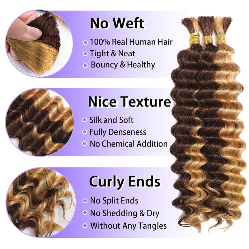 Human Braiding Hair - 14 Inch Deep Wave Bulk 3 Bundles for Boho Braids | Curly Knotless 12A Brazilian Virgin Ombre Balayage