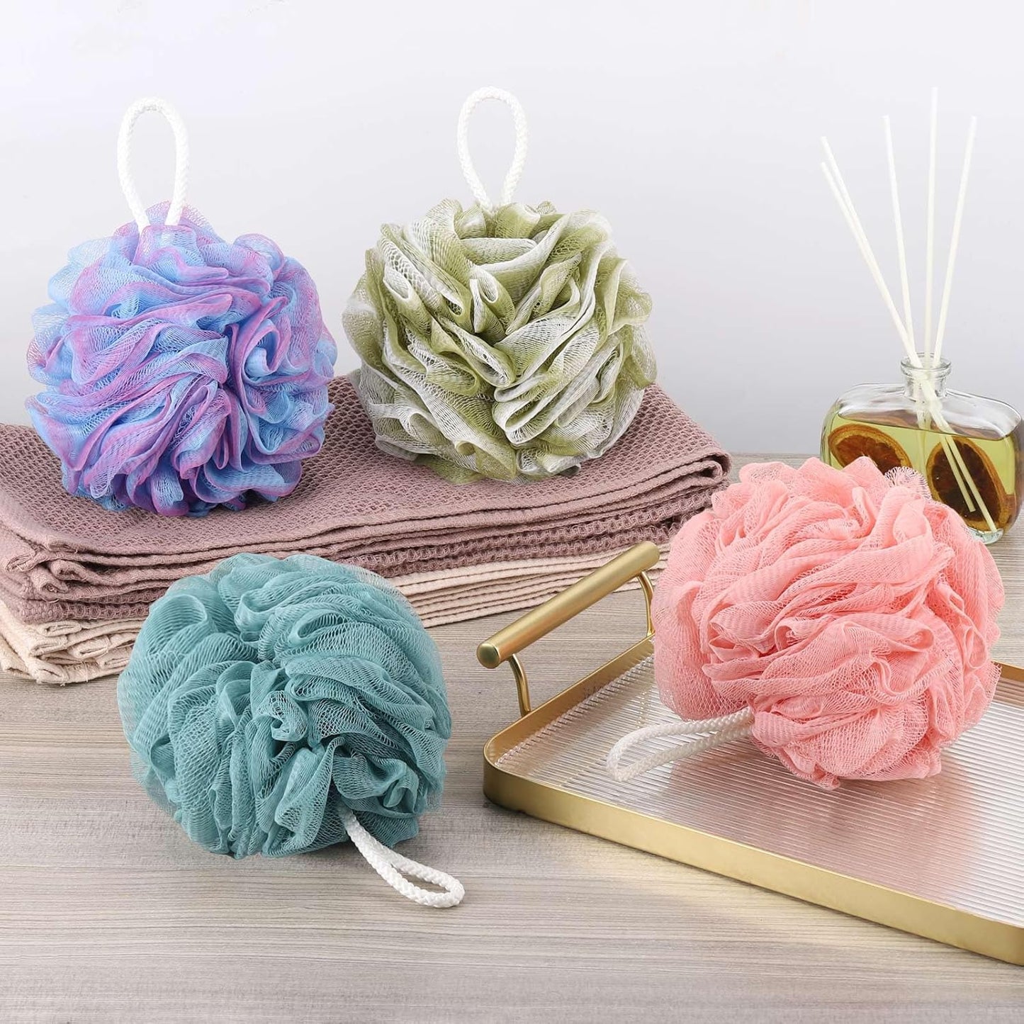 BTYMS Loofah Sponge 60 Gram Shower Pouf Bath Scrunchies Shower Puff Exfoliating Body Wash Scrubber Bath Puffs for Washing - Set of 4