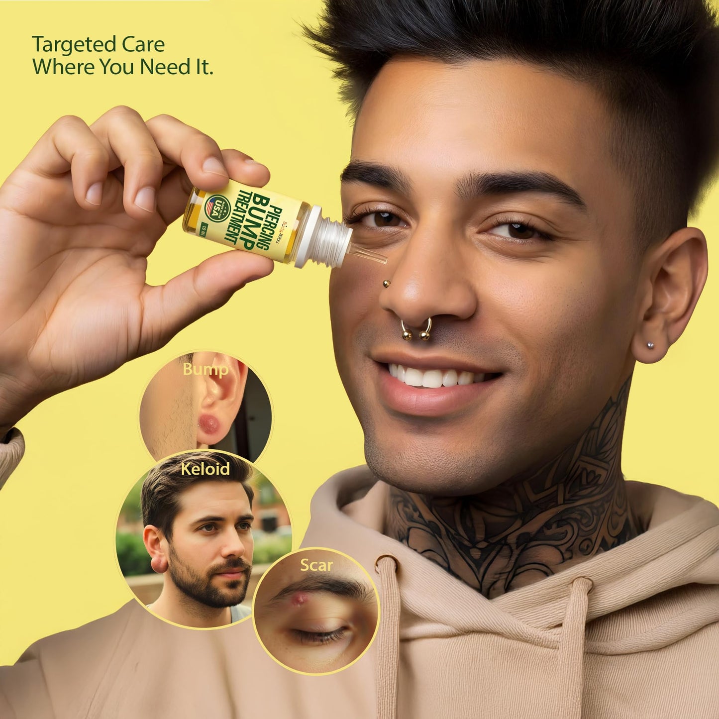 BodyJ4You Keloid Bump Removal Oil - Piercing Aftercare Shrinking Drops - Nose Ear Septum Belly Cartilage Scar Treatment Piercing Bump Solution - Tea Tree Jojoba Essential Oils Keloid Care (Pack of 4)