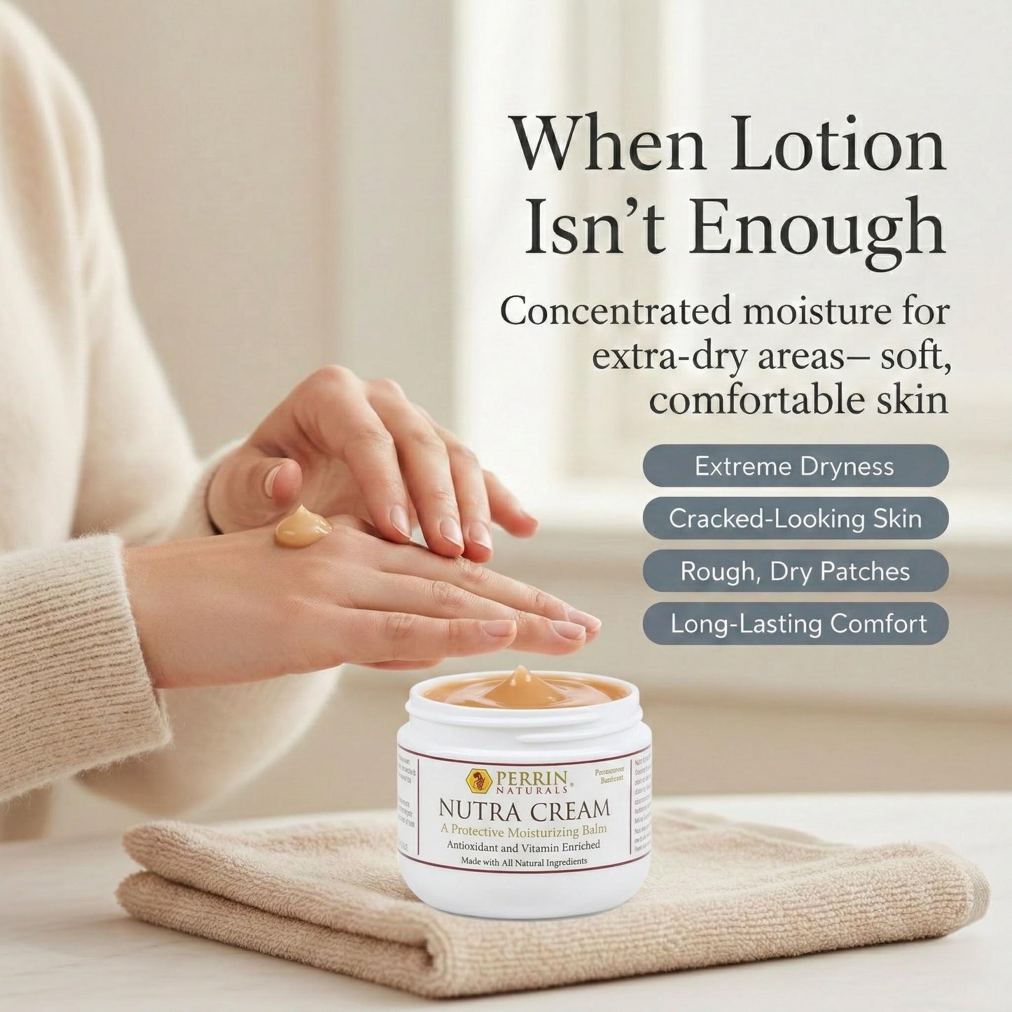 Perrin Naturals Nutra Cream – Concentrated Balm for Dry Cracked Heels & Hands | Foot & Hand Repair Cream | Skin Barrier Support | Aloe Vera, Grape Seed Extract, Vitamins C E D3, 2 oz