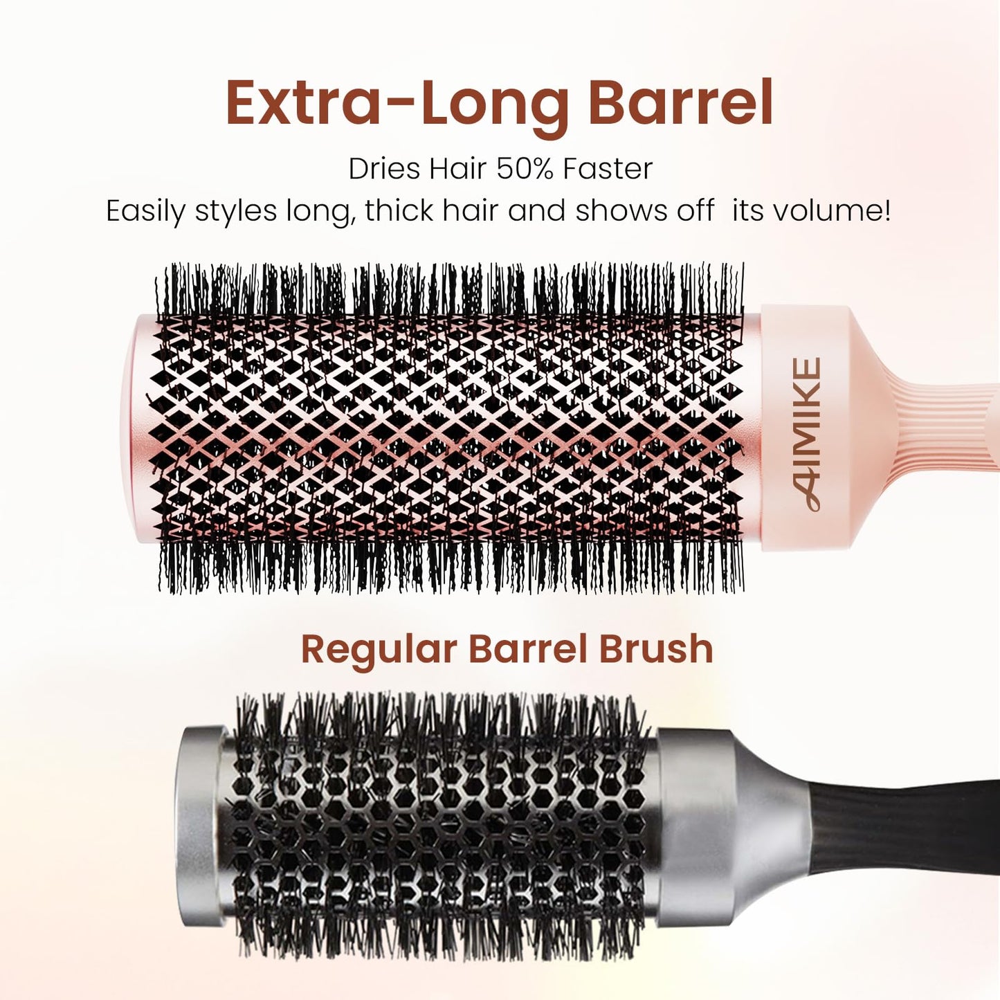 AIMIKE Round Brush for Blow out, Rose Luxe Extra-Long Round Hair Brush Ionic & Nano Thermal Ceramic Tech, for Blow Drying & Styling Volumizing Thick Long Hair, with 4 Clips (Barrel 2.1", Bristle 3")