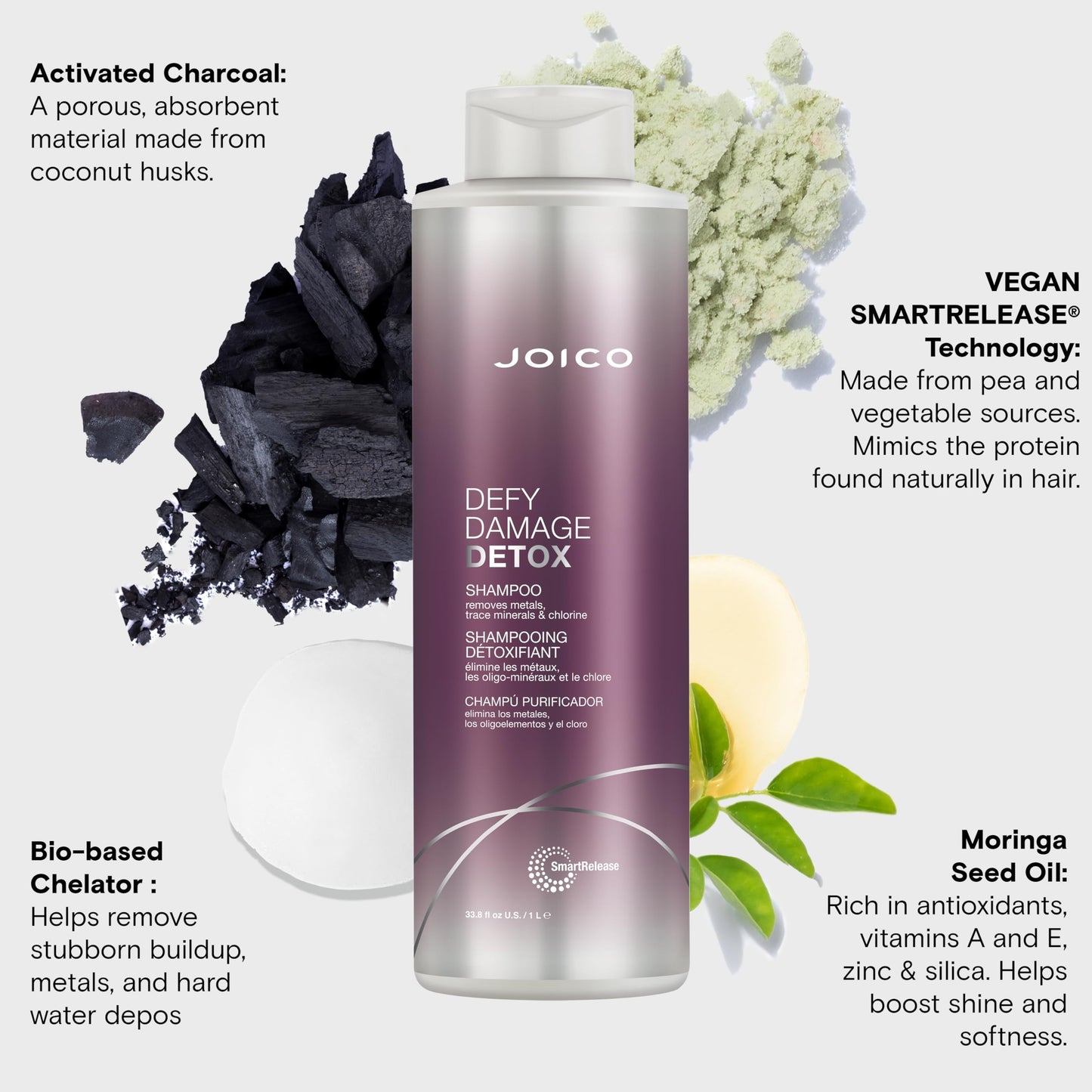 Joico Defy Damage Detox Shampoo | Removes Chlorine, Hard Water Residue, Product Buildup, Metals, & Trace Minerals | Strengthens Bonds & Preserves Hair Color | Vegan | Sulfate-Free | 33.8 Fl Oz