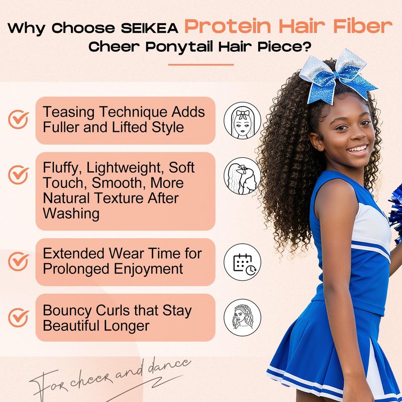 SEIKEA Cheer Ponytail Hair Piece, 100% Super Protein Fiber Curly Cheerleader Hairpiece Lightweight Fluffy Natural Soft 18" Ponytail Extension for Cheerleader Competition, Dance Brown