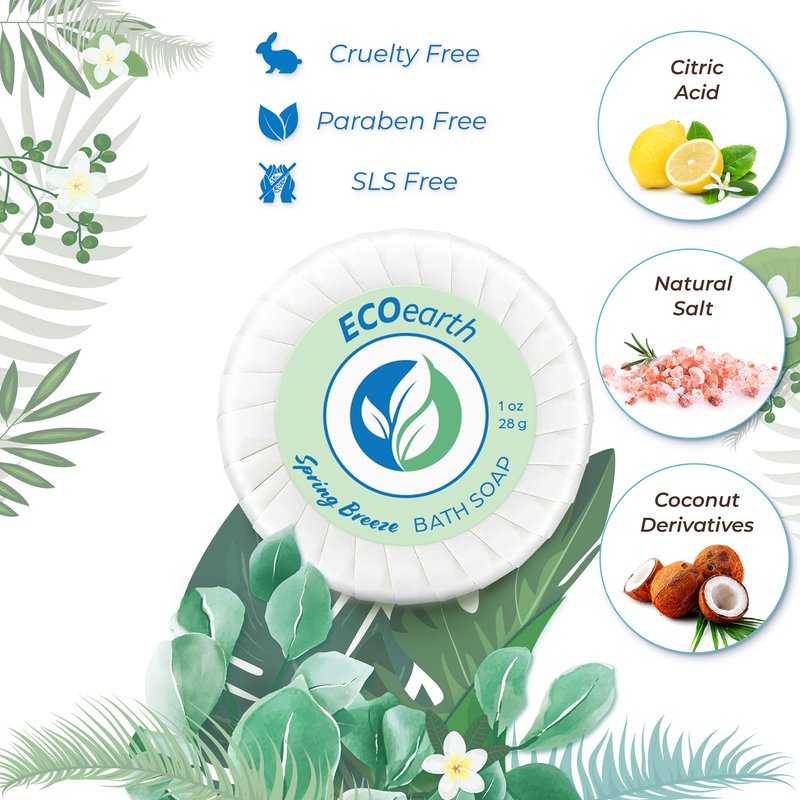 EcoEarth Hotel Toiletries Bundle (Spring Breeze, 1 oz each, 100 Pieces) 4-Piece Set: 25 Round Bar Soap, 25 Shampoo, 25 Conditioner & 25 Body Lotion - Bulk Mini Guest Amenities