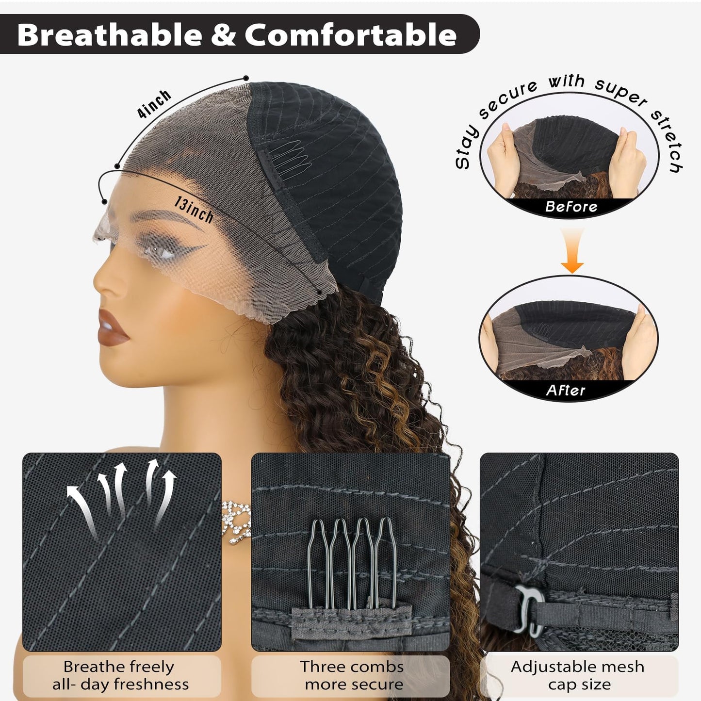 Kurope Brown with Highlight Synthetic Lace Front Wig 13x4 Long Curly Wig with Baby Hair Natural Preplucked Hairline 24 Inch Wavy Wig for Black Women Daily Party Use