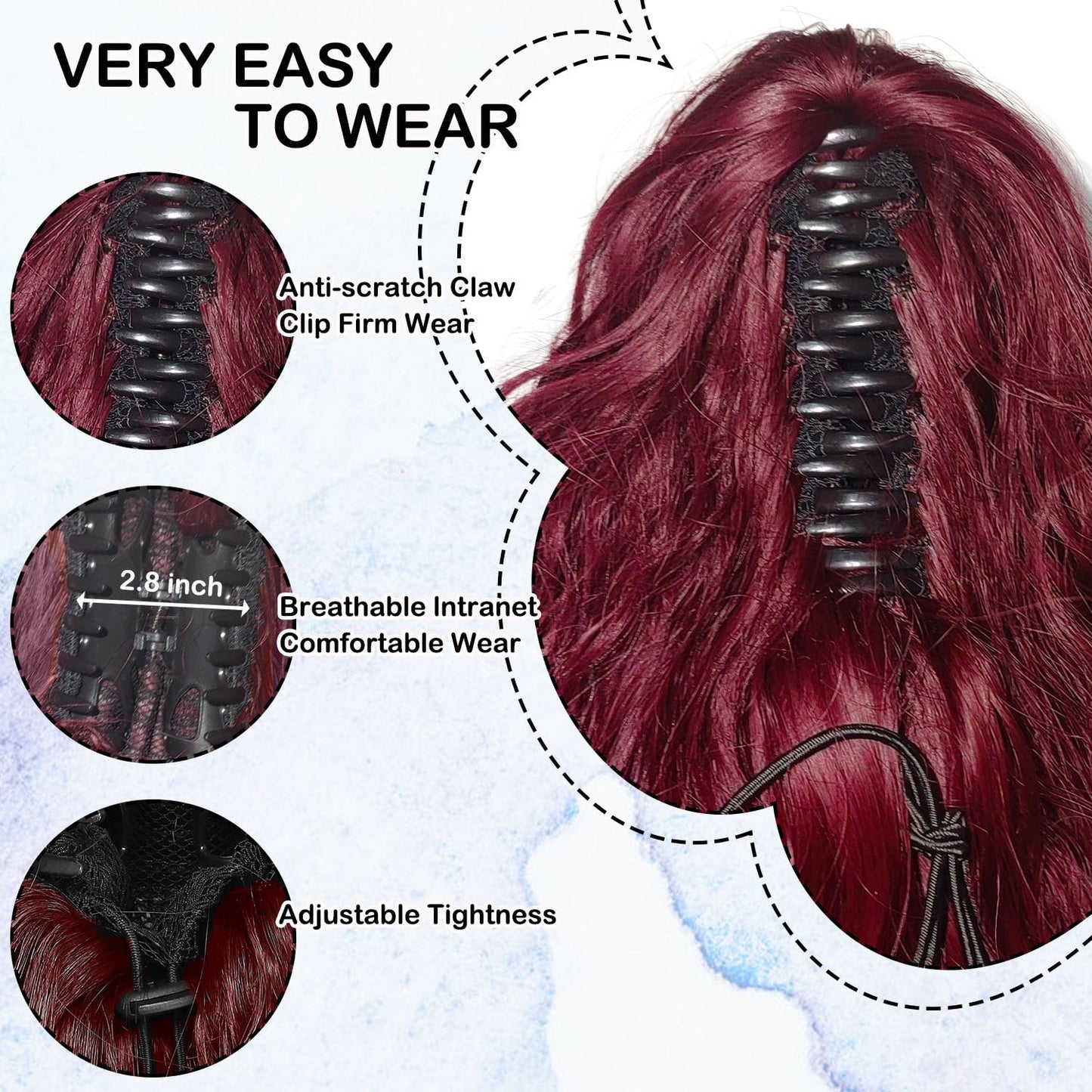 ISIGROSI Wine Red Wave Ponytail Extension Claw In - 28 Inch Long Curly Natural Wave Pony Tail Synthetic Clip in Hairpiece Ponytail Hair Extension for Women Daily Use