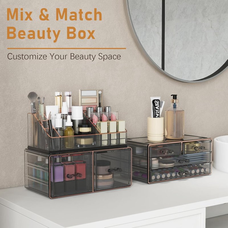3-Tier 6-Drawer Makeup Organizer - Countertop Cosmetic Storage for Dresser & Vanity | Black with Gilded Borders