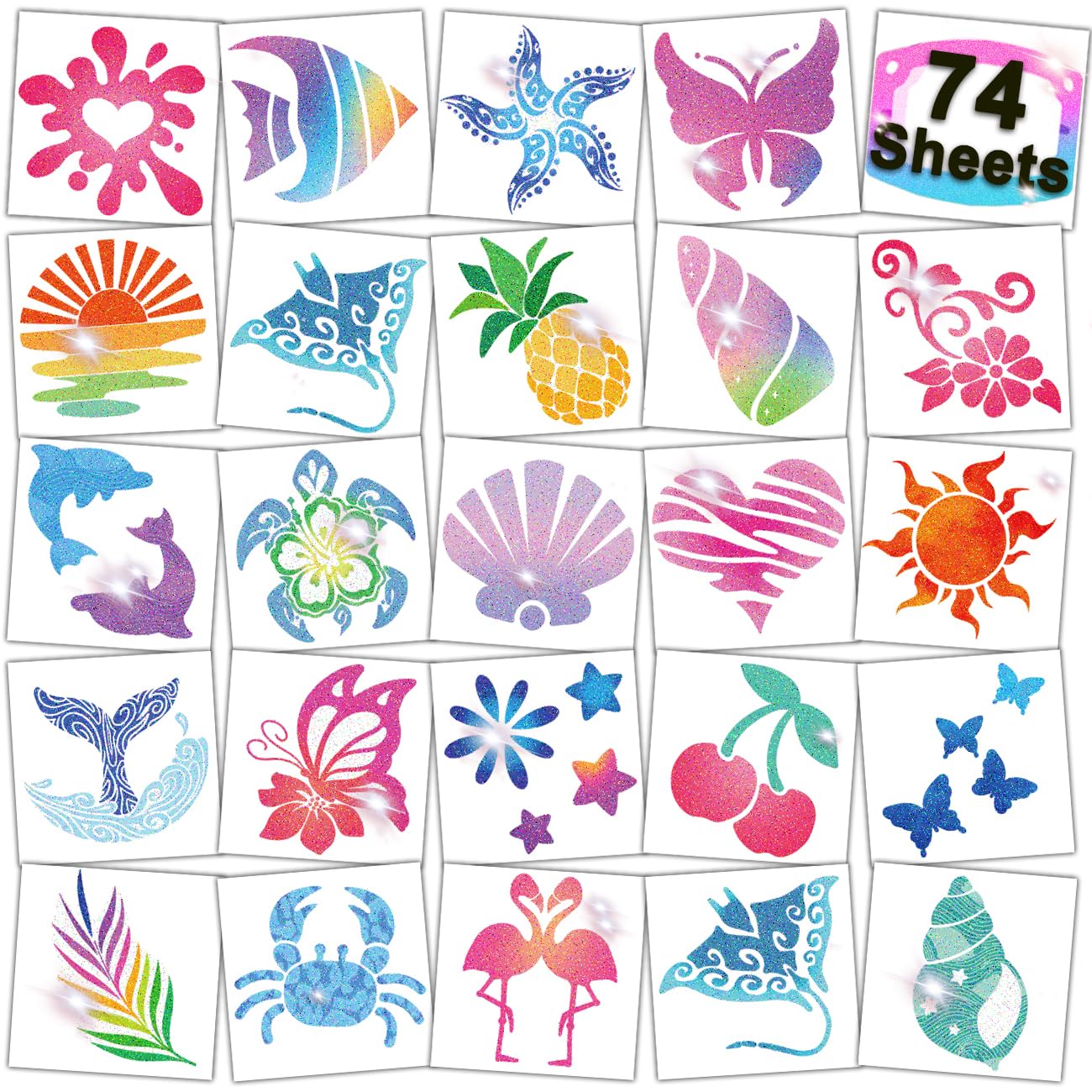 Glitter Temporary Tattoos for Aloha Party Decoration - 74 Individually Sheets Glitter Summer Tattoos for Kids Women Hawaiian Party Favors