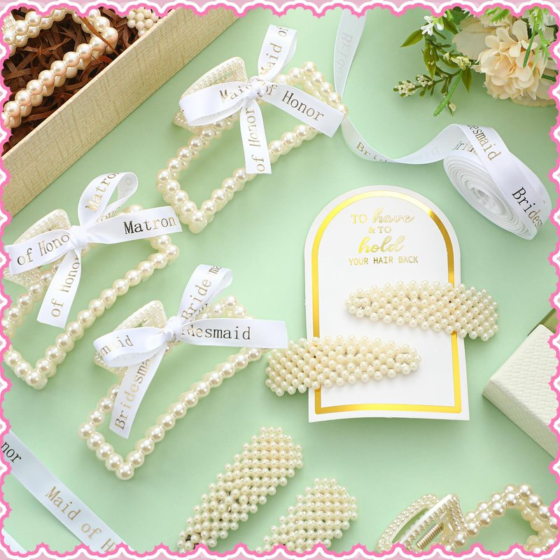 Highergo Bridesmaid Proposal Gifts 8 Pack Pearl Bridesmaid Hair Claw Clips with 3 Rolls Ribbon 8 Pack Pearl Hair Clips to Have & to Hold Your Hair Back Wedding Bridesmaids Hair Accessories Gifts