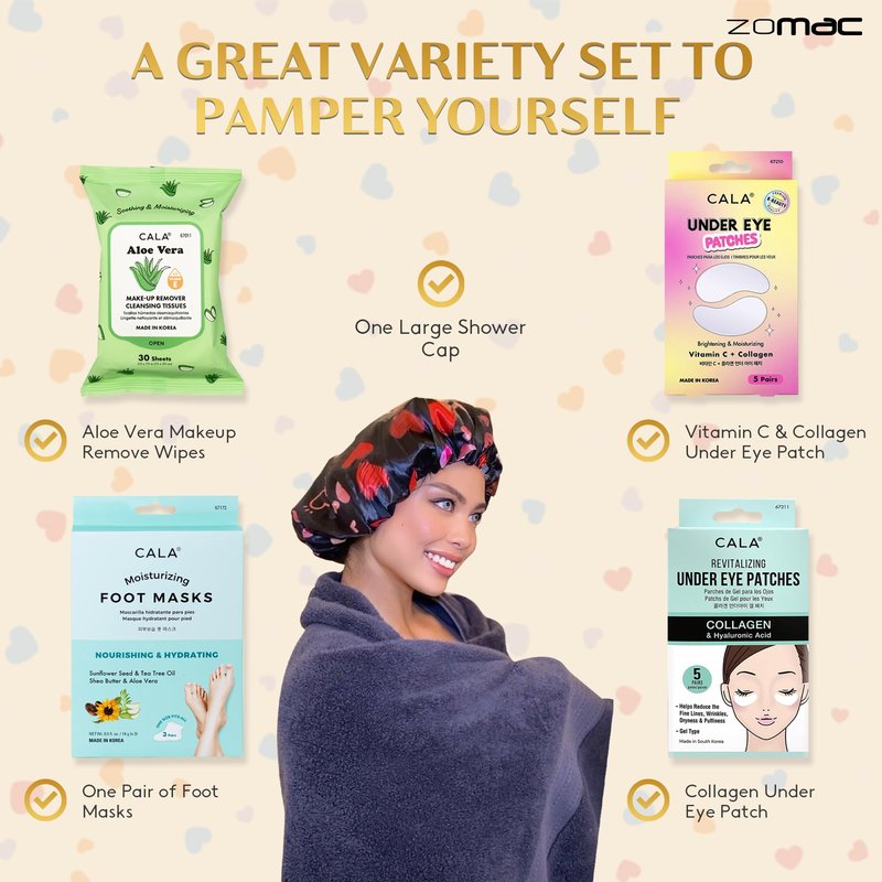 Zomac Face Mask Gift Set -10 Items- Cala Collagen, Cucumber, Aloe Vera, Vitamin C, and Hyaluronic Acid Face Masks, Eye Patches, and Foot Masks. Includes Gift Bag and Custom Shower Cap.