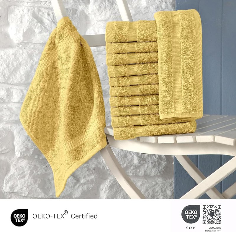 Turkish Cotton Washcloth Set - Ultra Soft, Super Absorbent | 13x13 Inch | 12 Washcloths in Yellow