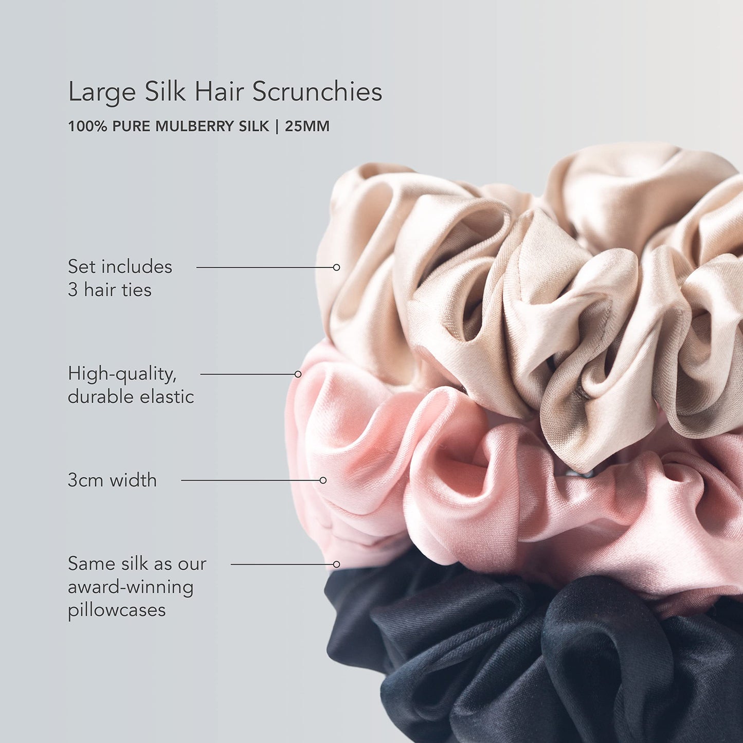 Fishers Finery 25 Momme 100% Pure Mulberry Silk Large Scrunchies, Stylish Hair Ties (Black|Pink|Taupe, 3 Pk)