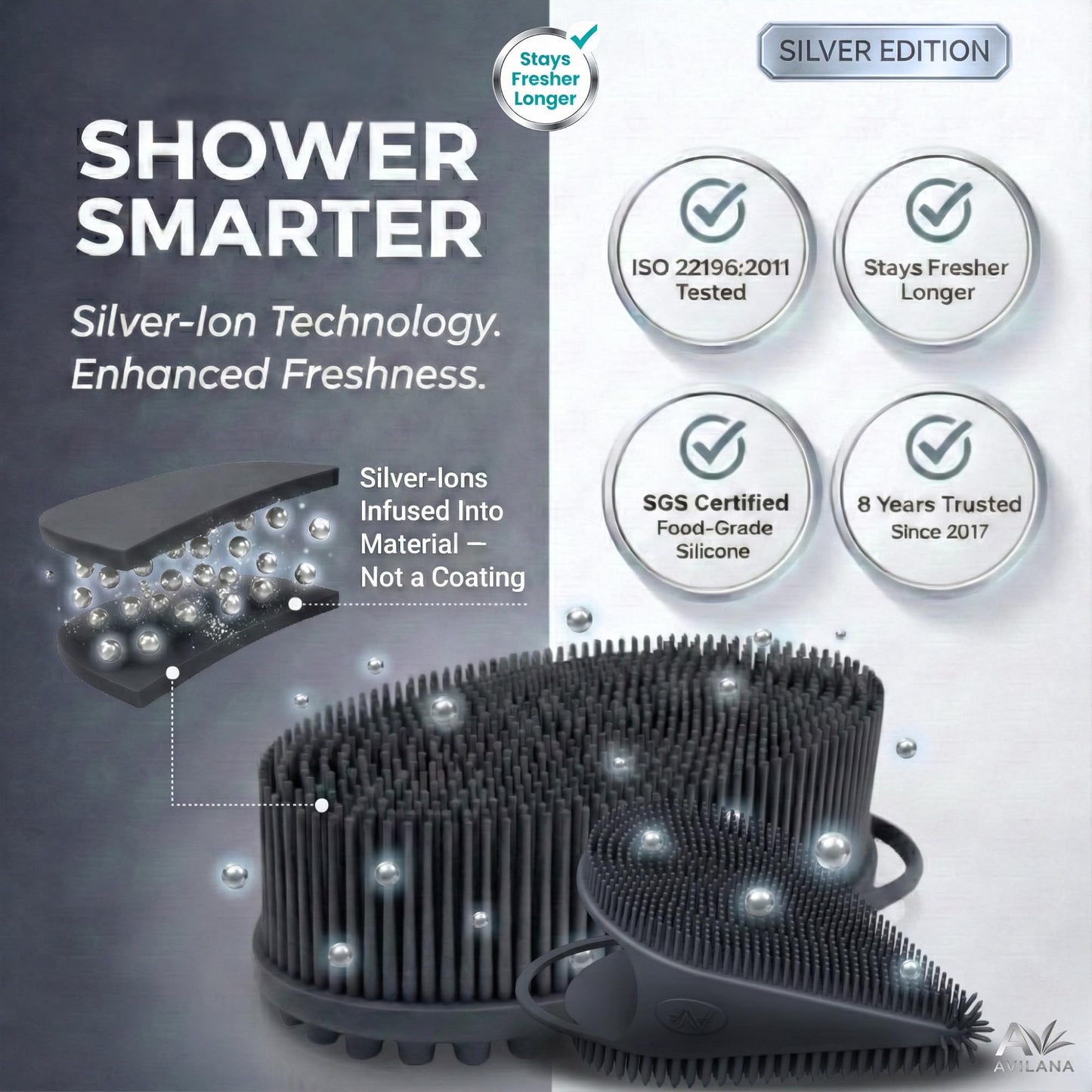 Avilana Silver Edition Body Scrubber and Face Brush Set - Silver-Ion Infused Silicone 2-in-1 Kit, ISO Tested Both Pieces, Stays Fresher Longer Gentle Exfoliating Sensitive Skin Women Men Gift Skincare