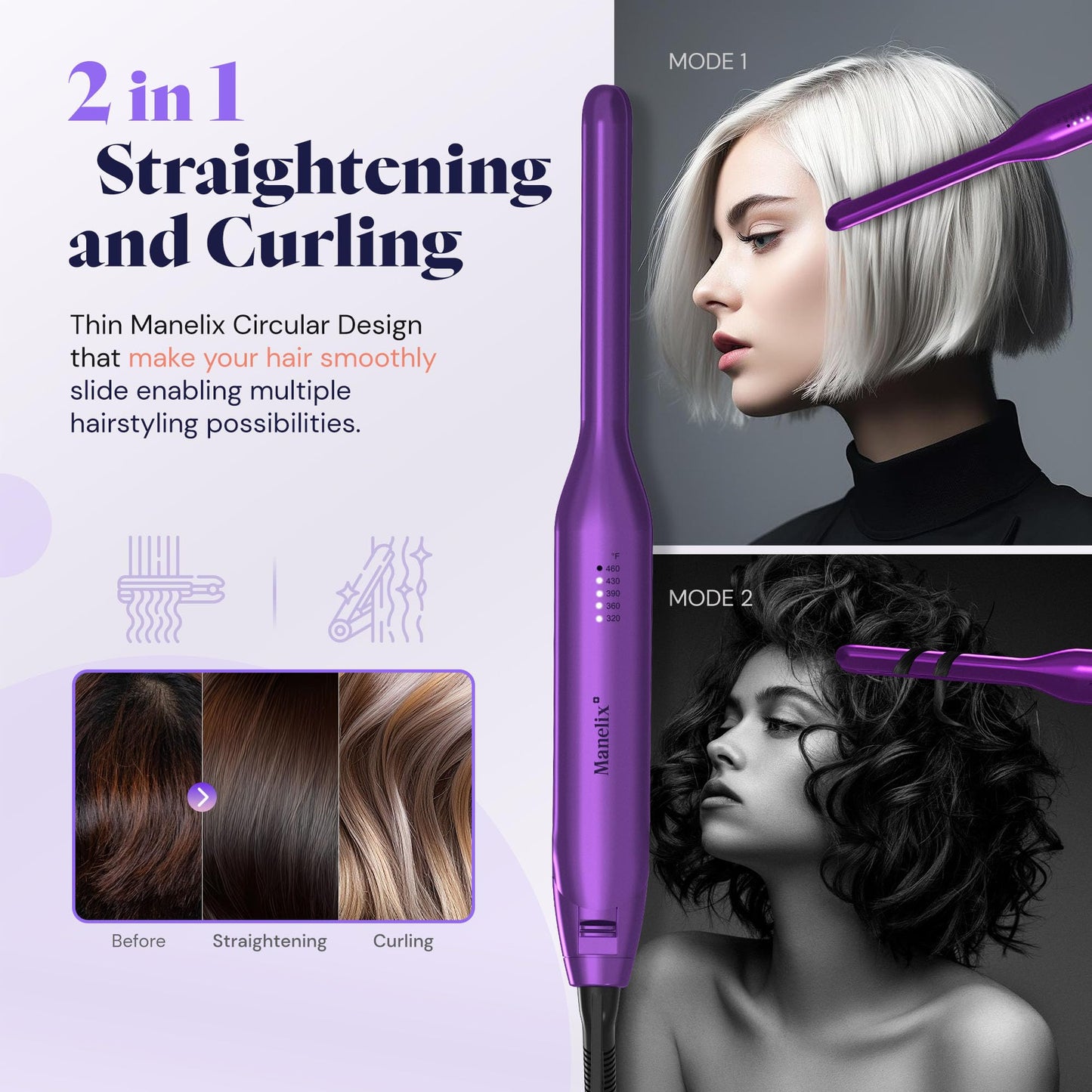 Manelix 0.3 Inch Super Slim Mini Flat Iron for Short Hair, Hair Straightener and Curler 2 in 1, Dual Voltage PTC and Ceramic Small Flat Iron