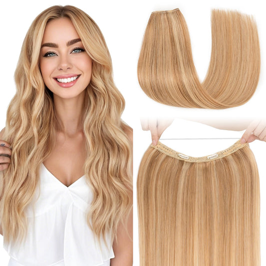 S-noilite Halo Hair Extension Invisible Wire in Real Remy Human Hair Extensions with Clips Adjustable Hidden Wire in Hair Extension for Women 14 inch Camel Bown Highlighted Blonde