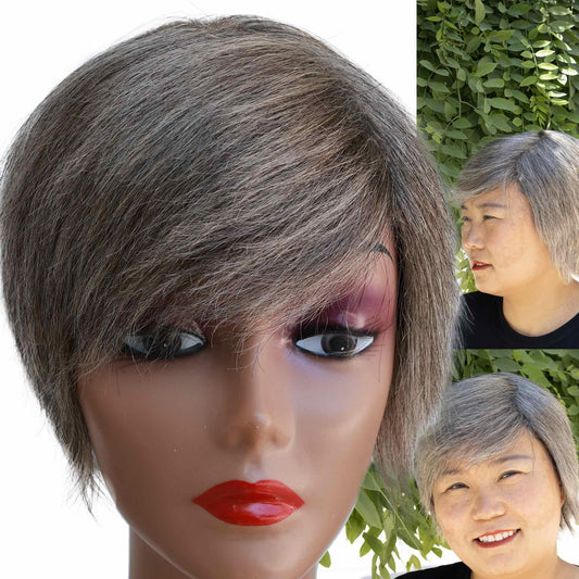 LSXCSM Salt and Pepper Human Hair Wig Short Pixie Cut Wigs with Bangs for Older Black Women Grey