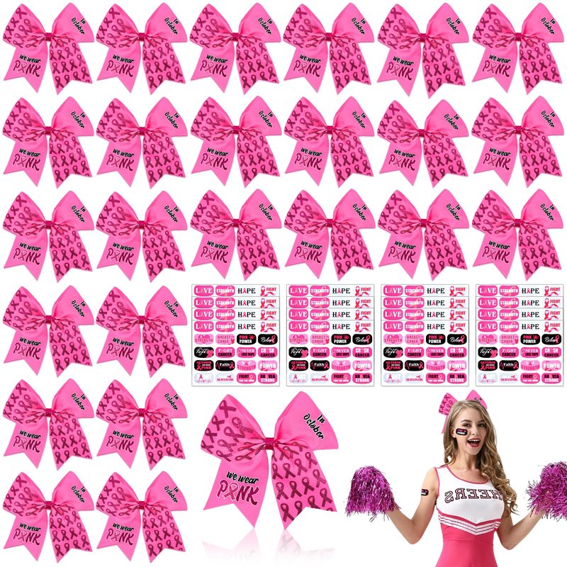 24Pcs Breast Cancer Awareness Cheer Bows Set includes 24 Pink Cheer Bows and 16 Breast Cancer Awareness Temporary Tattoos for Teen Girls Cheerleading Fundraising Event Party(Glitter Pink)