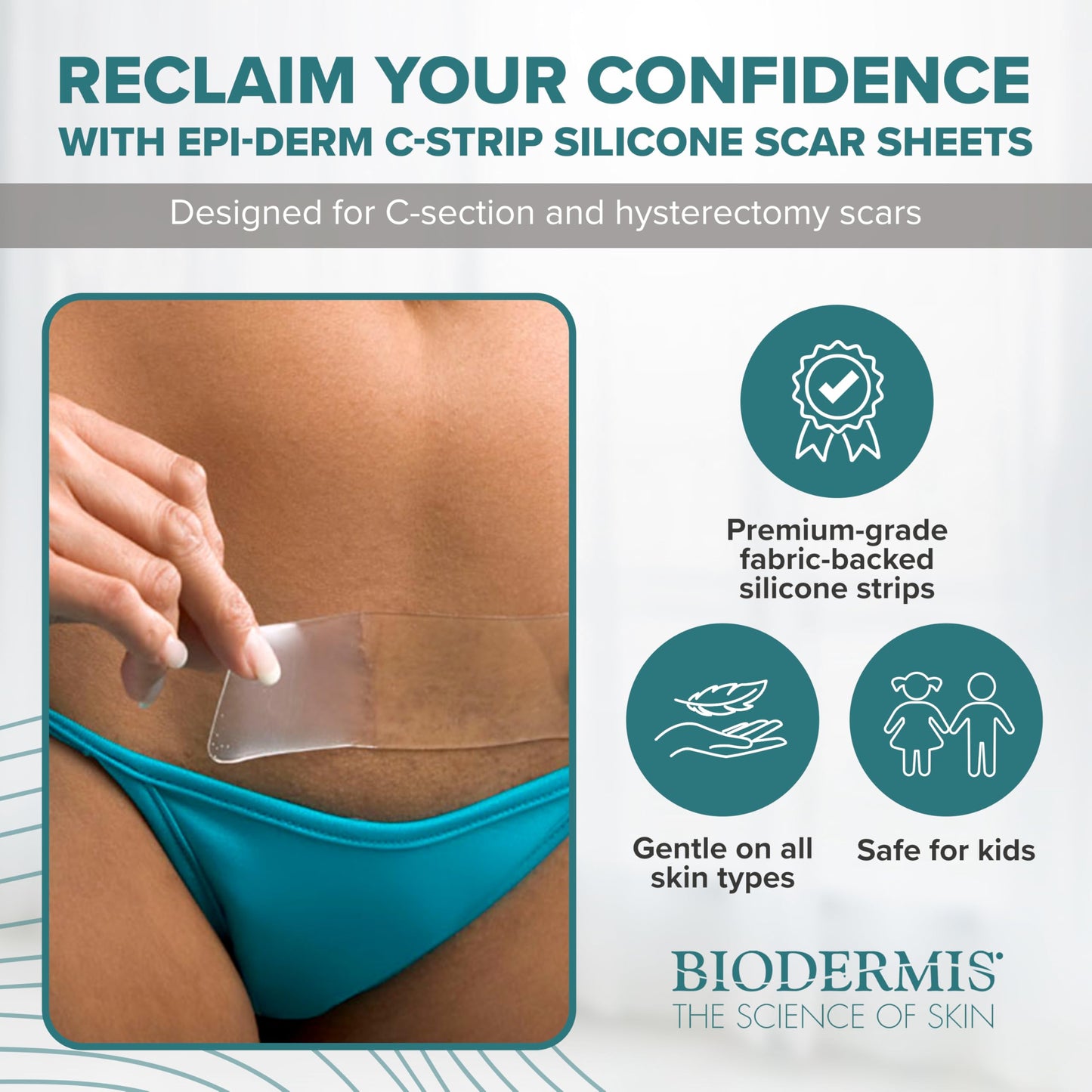 Epiderm Silicone Gel Strips - Silicone Tape for Scar Care - C Section, Tummy Tuck Tape & Cardiac Surgery Scars - Flexible & Reusable Strips - 1.4"x6" Clear