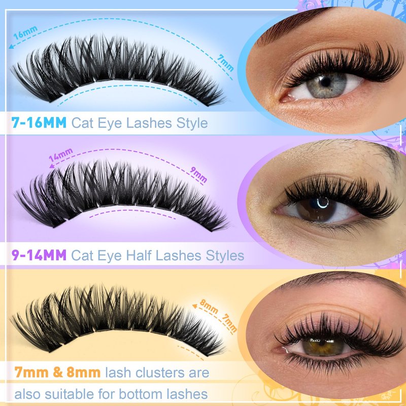 Lash Clusters 320 Pcs Individual Lashes Clusters 7-16 MM Cat Eye Wispy Eyelash Clusters D Curve 80D Cluster Eyelash Extensions Easy DIY Lash Extension at Home