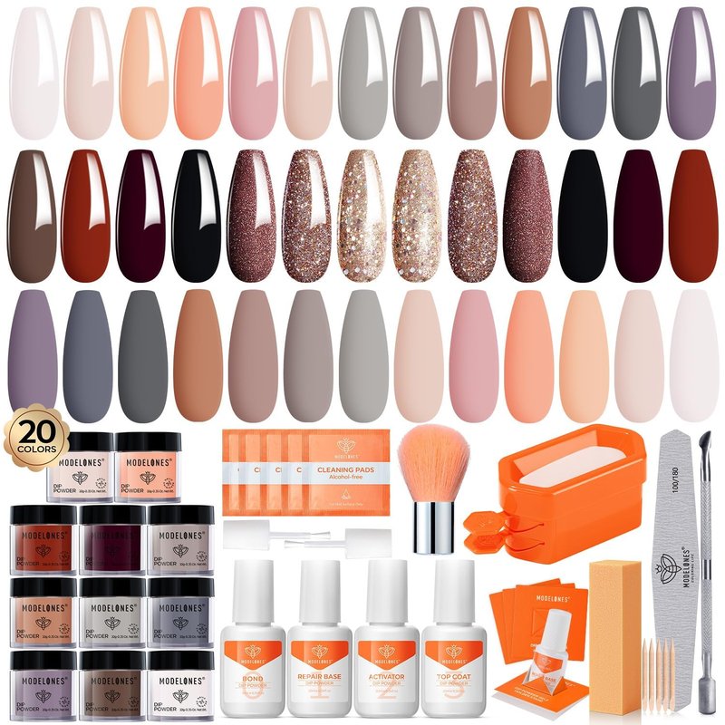 Modelones Dip Powder Nail Kit - 20 Vibrant Colors for DIY French Nail Art | Base & Top Liquid Set