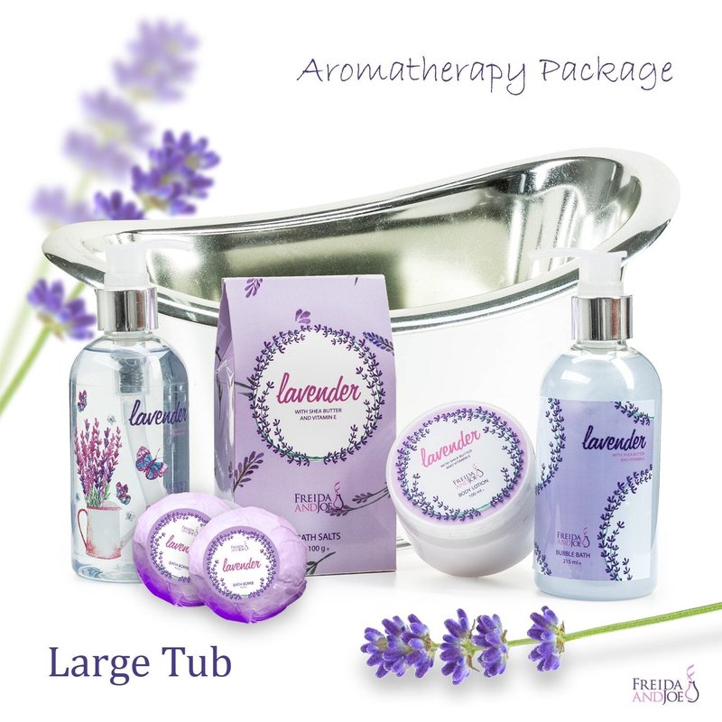 Aromatherapy Essentials Spa Set for Women in Large Silver Tub Bath Set Includes 2 Bath Bombs, Body Lotion, Bath Salts, Shower Gel, and Bubble Bath (Lavender) – Mother's Day Gift for Mom