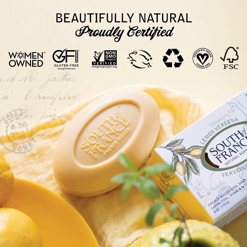 Lemon Verbena Clean Bar Soap by South of France Clean Body Care Triple-Milled French Soap with Organic Shea Butter + Essential Oils Vegan, Non-GMO Body Soap 6 oz Bar 4 Pack